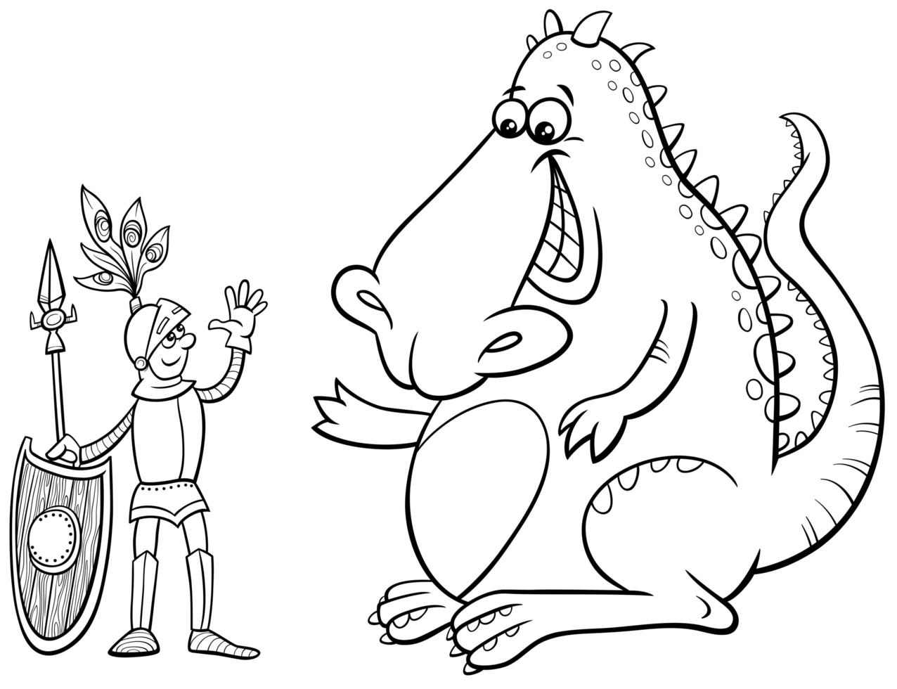 desenho de dragão e cavaleiro para colorir página vetor