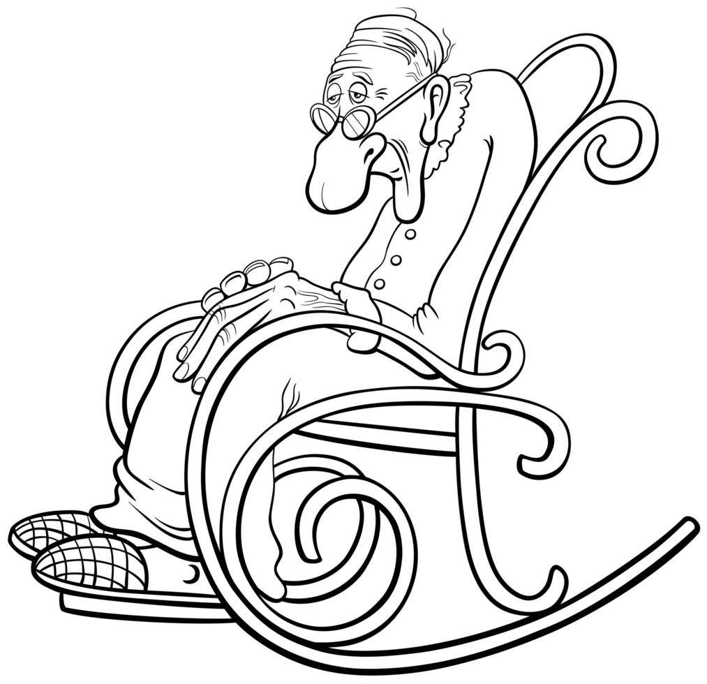 desenho animado sênior na cadeira de balanço página do livro para colorir vetor