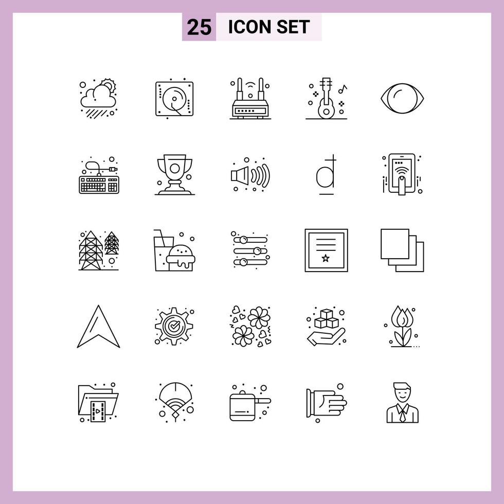 conjunto de 25 ícones de interface do usuário modernos, símbolos, sinais para olhos, música, internet, guitarra, sem fio, elementos de design de vetores editáveis