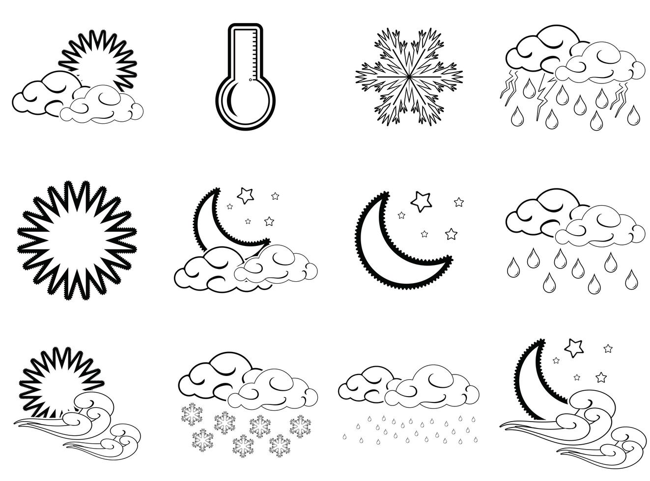 ícones de clima noturno e diurno em fundo branco vetor