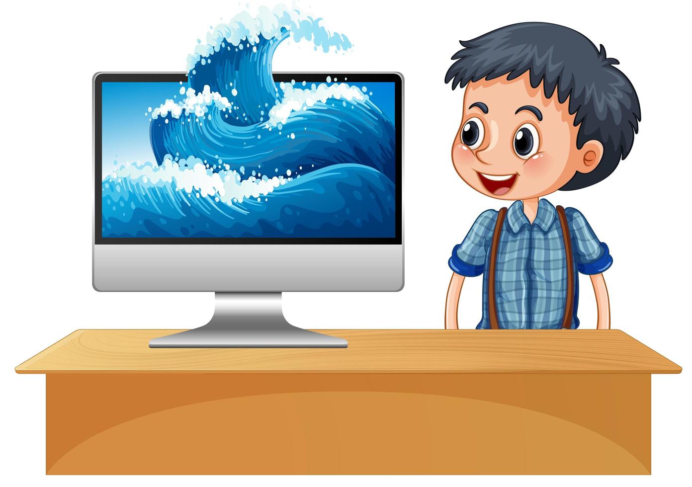 menino feliz ao lado do computador com ondas na tela vetor