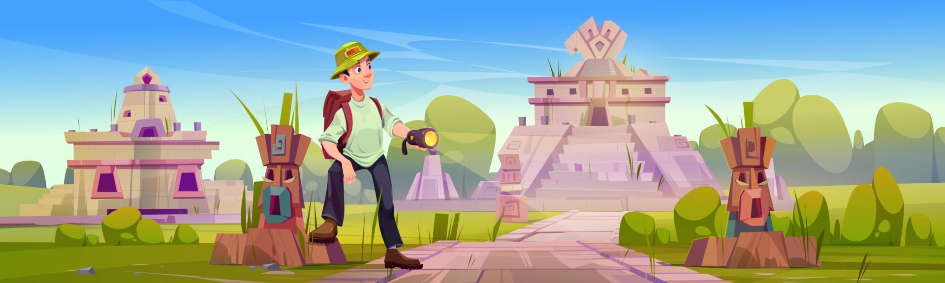 homem turista explorar antigas ruínas astecas vetor