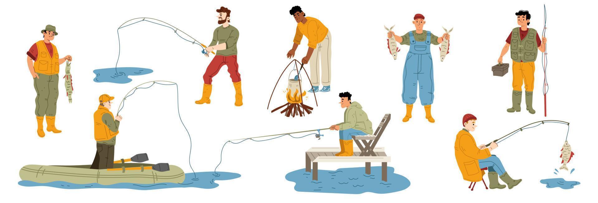conjunto de hobby de pescador, homem pescando em barco, cozinhando vetor