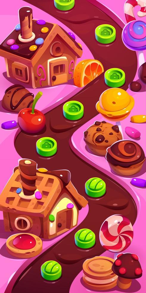 Introdução ao jogo de fantasia. tela inicial para videogame com comida  deliciosa biscoitos de chocolate pirulito de caramelo página da web modelo  de interface do usuário