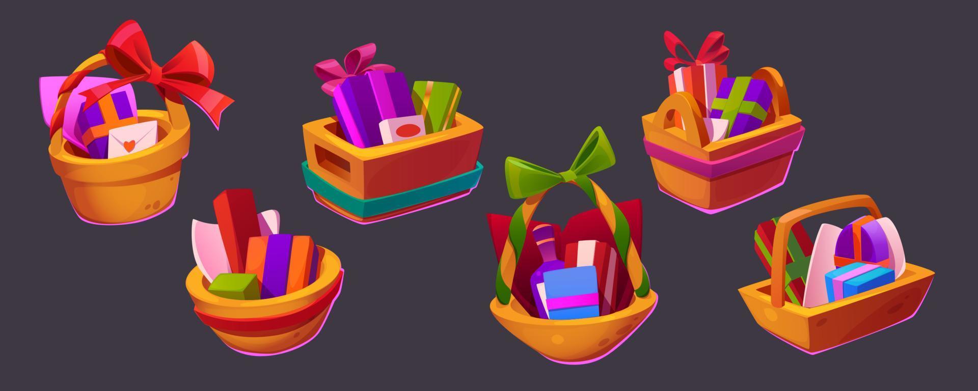 cestas de presentes, caixas deitadas na cesta com envelopes vetor