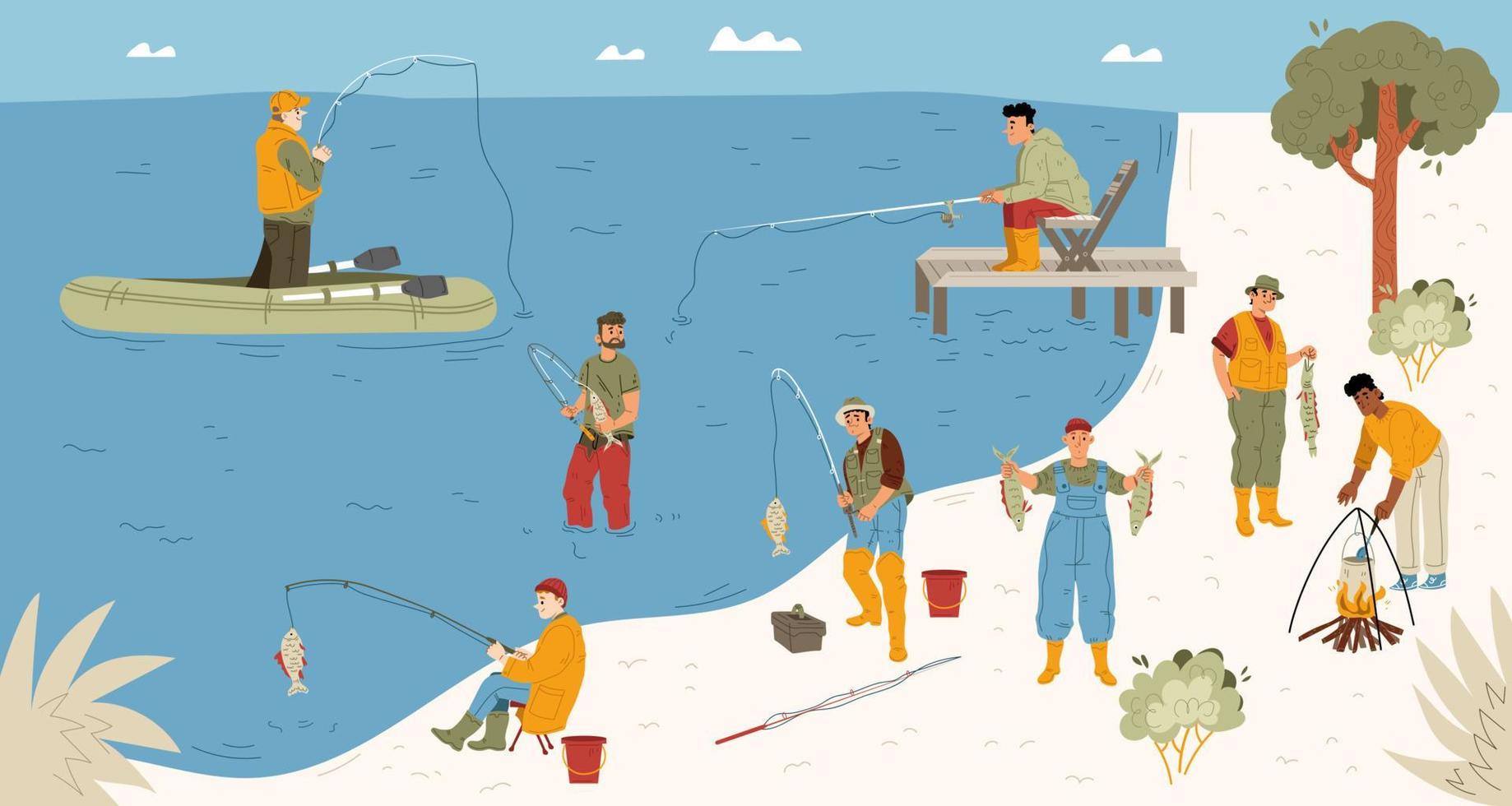 pescadores com varas pegam peixes no rio vetor