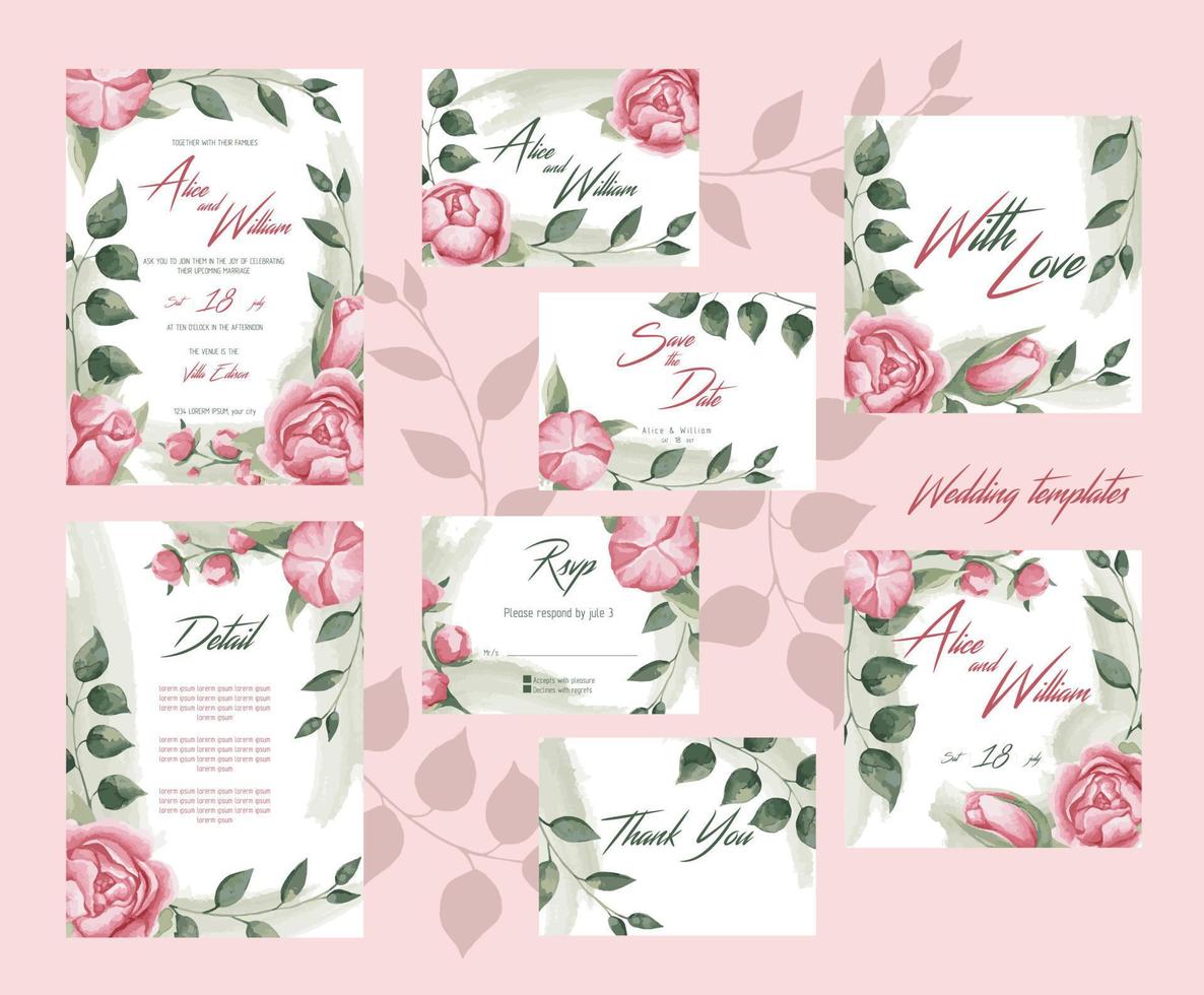 cartões de casamento com peônias delicadas e modelos de convite de férias roses.wedding em estilo aquarela. ilustração vetorial. vetor