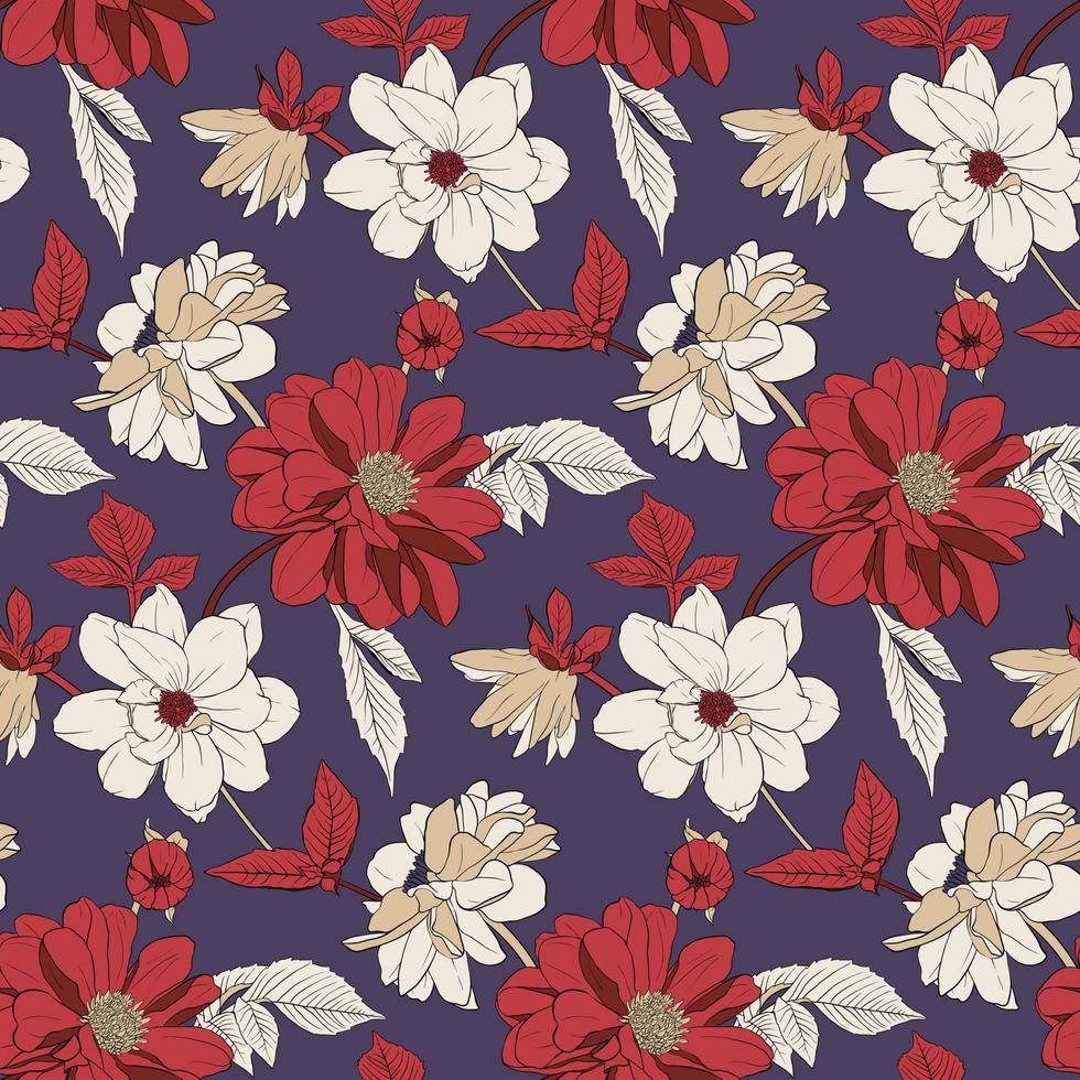 ilustração vetorial - bordô, vermelho, bege flores, folhas e botões em um fundo roxo escuro. padrão perfeito para têxteis, decoração, tecido, cartões, papel, etc. vetor
