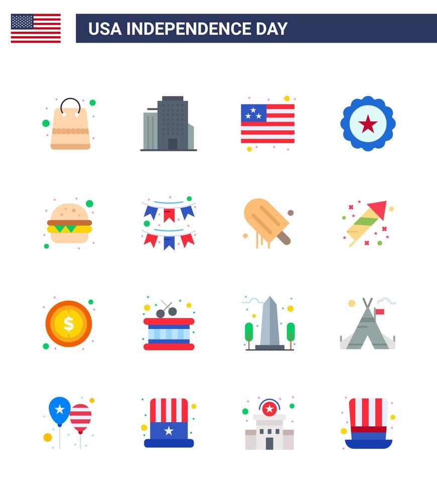 feliz dia da independência 16 pacotes de ícones de apartamentos para web e impressão bandeira de fast food americana sinal de hambúrguer editável dia dos eua elementos de design vetorial vetor