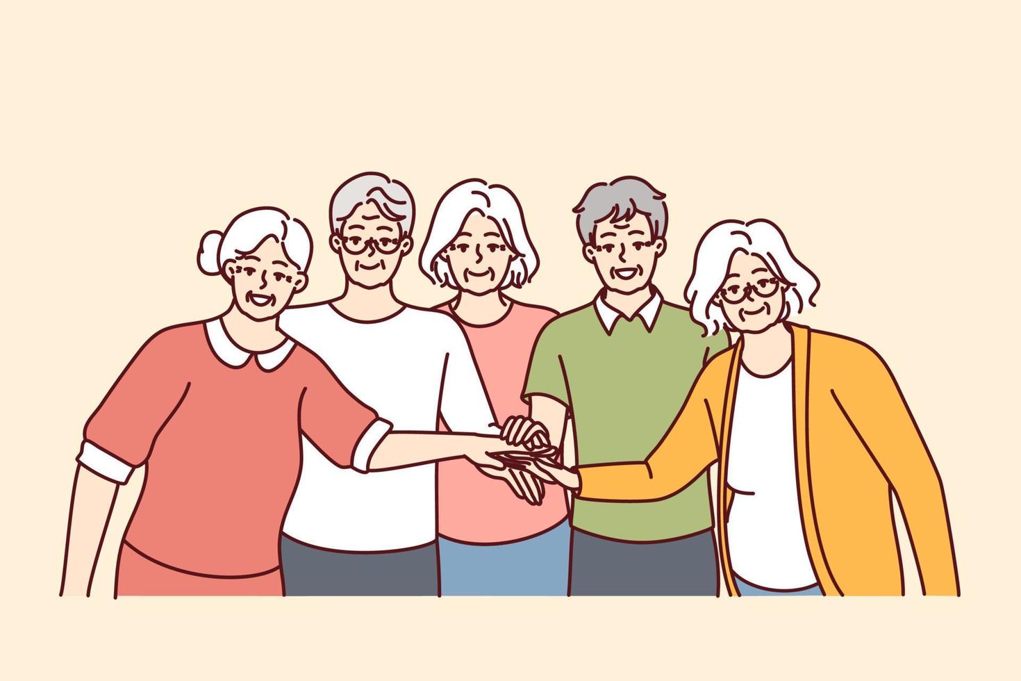 homens e mulheres idosos com cabelos grisalhos ficam com as mãos estendidas para o centro, demonstrando solidariedade. pensionistas amigáveis do lar de idosos em roupas casuais sorrindo. imagem vetorial plana vetor
