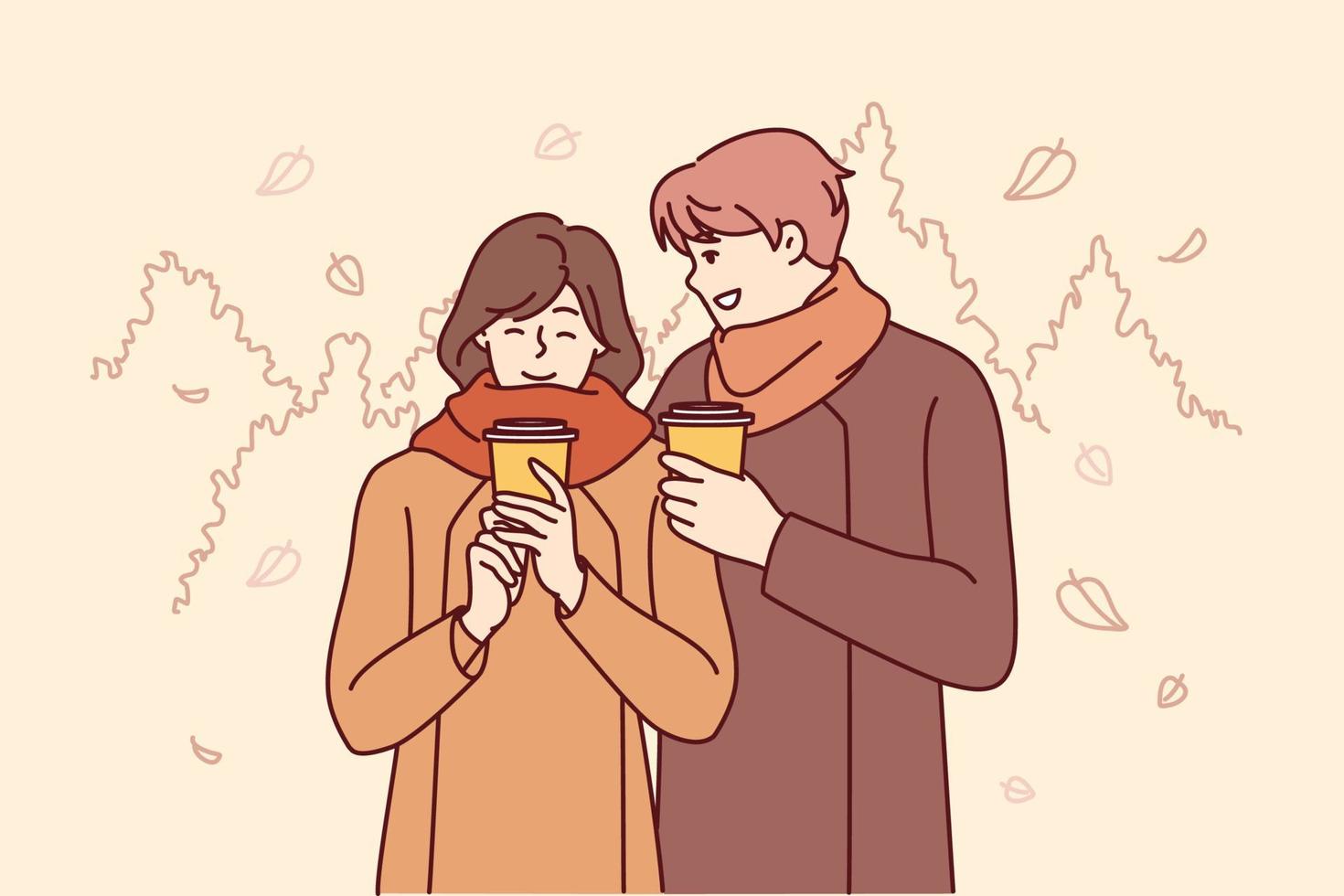 homem e mulher em roupas quentes andando no outono e bebendo café quente sorrindo. namorado e namorada felizes passam o encontro ao ar livre relaxando no fim de semana no parque da cidade. ilustração vetorial plana vetor