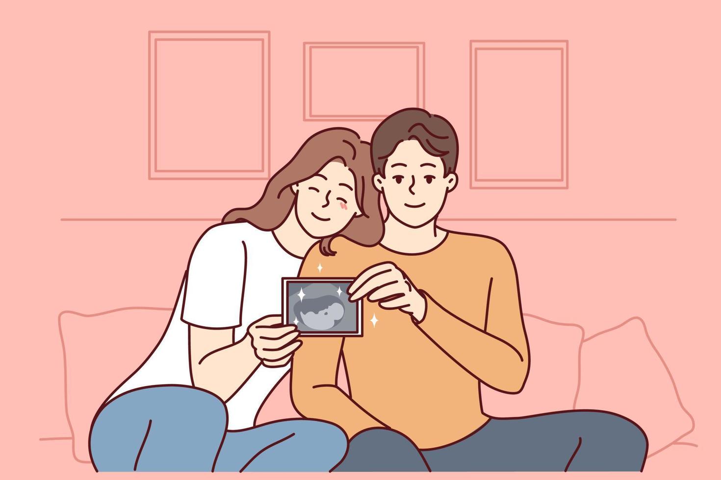 casal jovem sorridente senta-se no sofá mostra a imagem do embrião animado com a gravidez. família feliz demonstra imagem de ultrassom de bebê. paternidade futura. ilustração vetorial. vetor