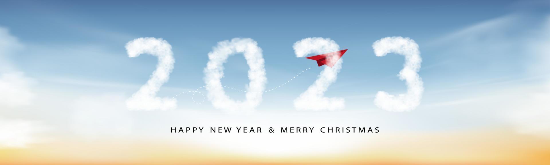 2023 feliz ano novo nuvens com avião de papel vermelho voando para o céu, texto de ilustração vetorial horizonte 2023 em fundo azul para calendário, design de banner largo para o ano novo ou feriado de natal vetor