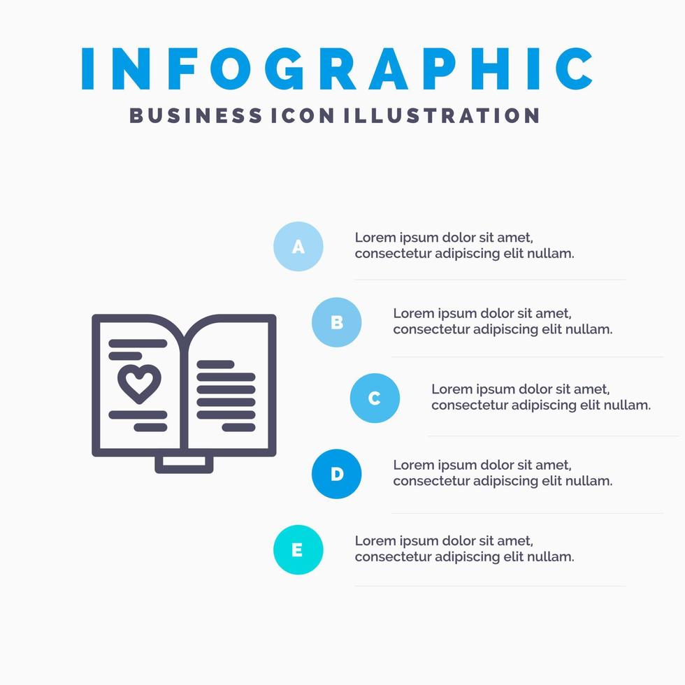 livro ícone de linha de casamento de coração de amor com fundo de infográficos de apresentação de 5 etapas vetor