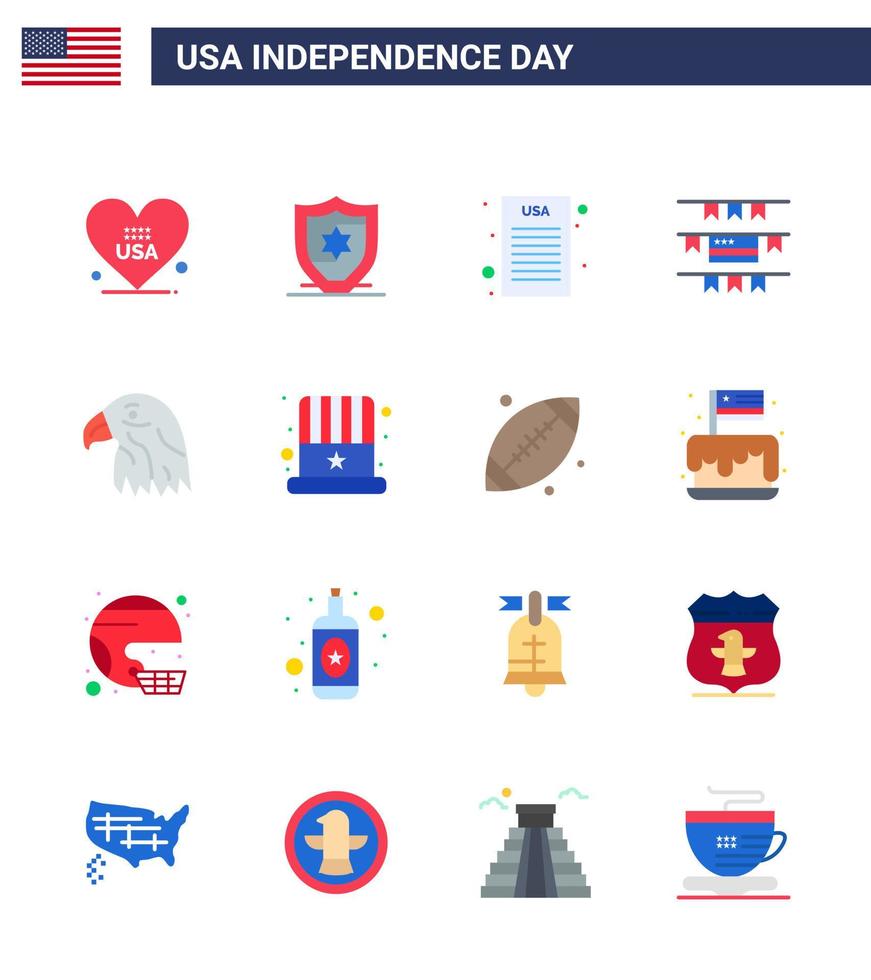 4 de julho eua feliz dia da independência ícone símbolos grupo de 16 apartamentos modernos de águia americana declaração de independência pássaro americano editável dia eua vetor elementos de design