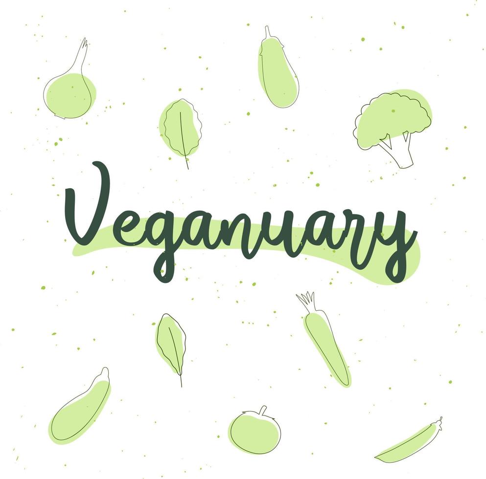 apresentação do mês da dieta vegana em janeiro chamado veganuary. letras com legumes. textura de pontos em aquarela. um chamado para se tornar vegano. vetor