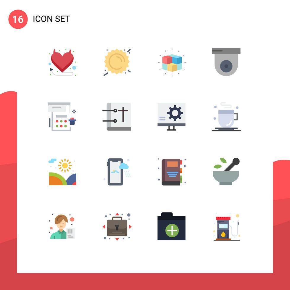 conjunto de pictogramas de 16 cores planas simples de pacote editável de câmera de segurança de labirinto de calendário de eventos de elementos de design de vetores criativos