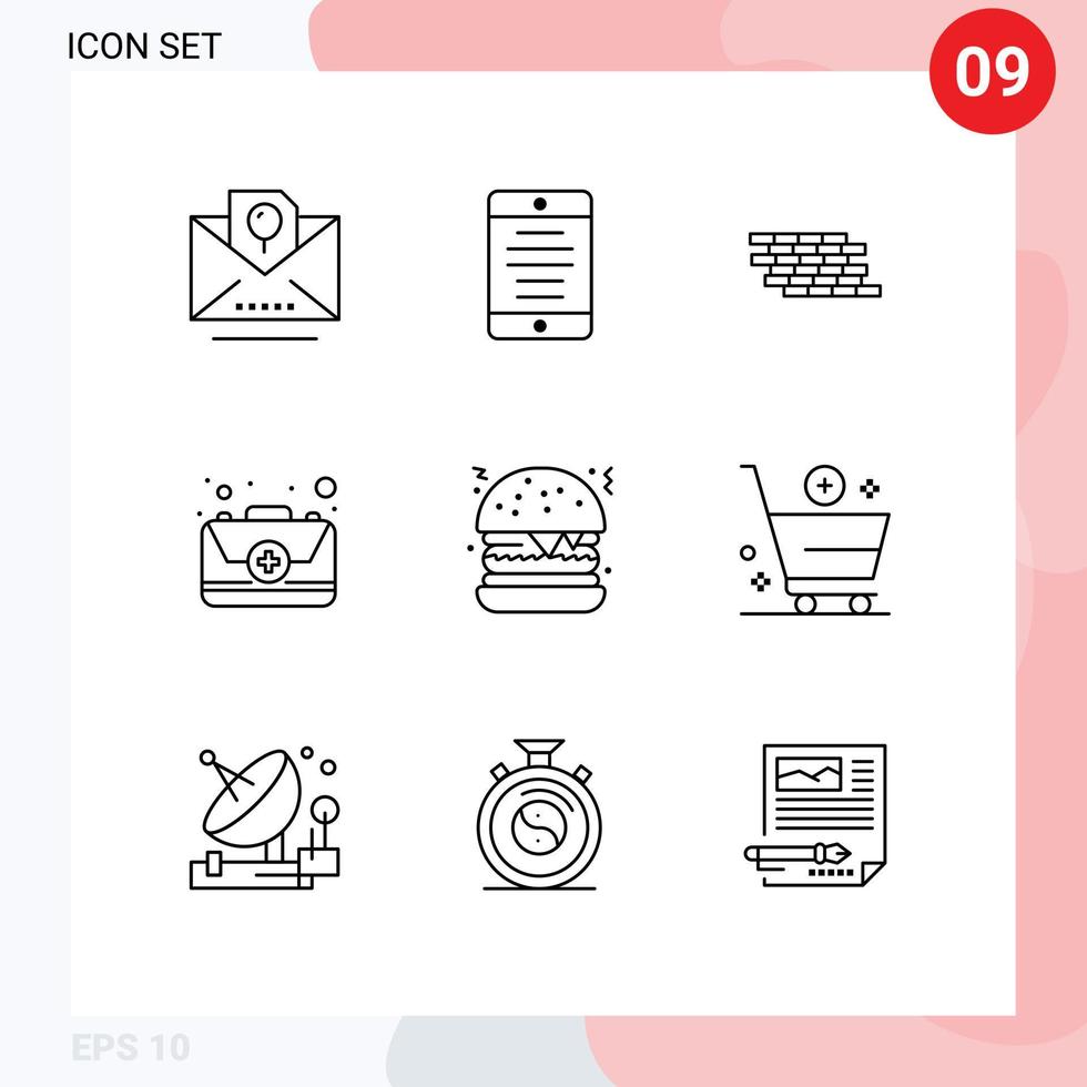conjunto de pictogramas de 9 contornos simples de hambúrguer primeiro tijolos de emergência de firewall elementos de design de vetores editáveis