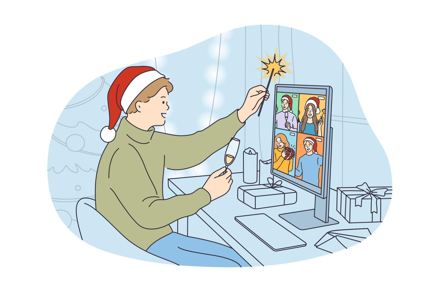 ano novo online e conceito de celebração de natal. jovem feliz com chapéu festivo bebendo champanhe segurando diamante e conversando com amigos online no vídeo virtual do laptop comemorando o feriado vetor