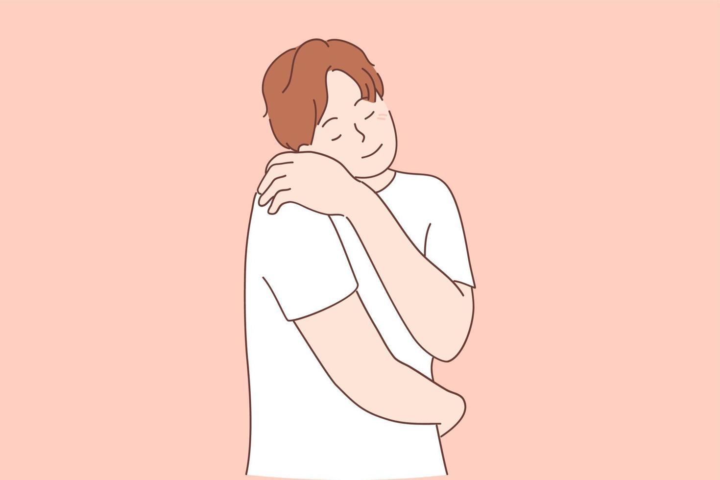 amor próprio e conceito de autocuidado. personagem de desenho animado jovem sorridente vestindo roupas casuais em pé e abraçando-se sentindo feliz e positivo sobre ilustração vetorial de fundo rosa vetor