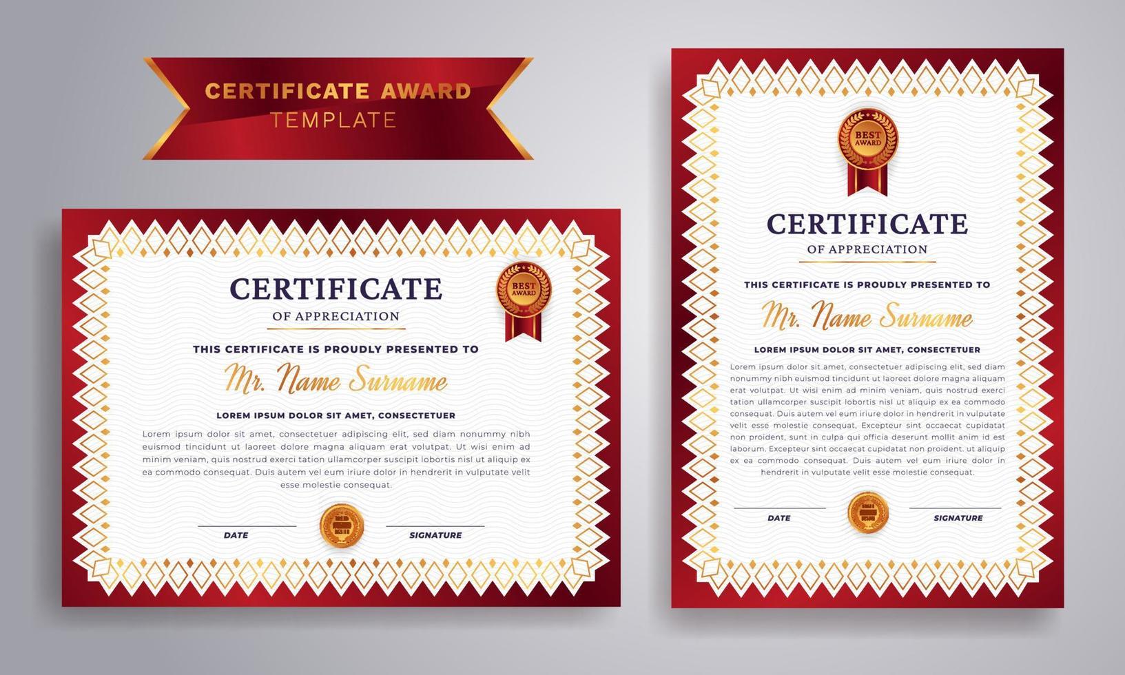 certificado de ouro e vermelho premium e luxuoso com distintivo de ouro e modelo de vetor de borda. certificado moderno limpo com distintivo de ouro.