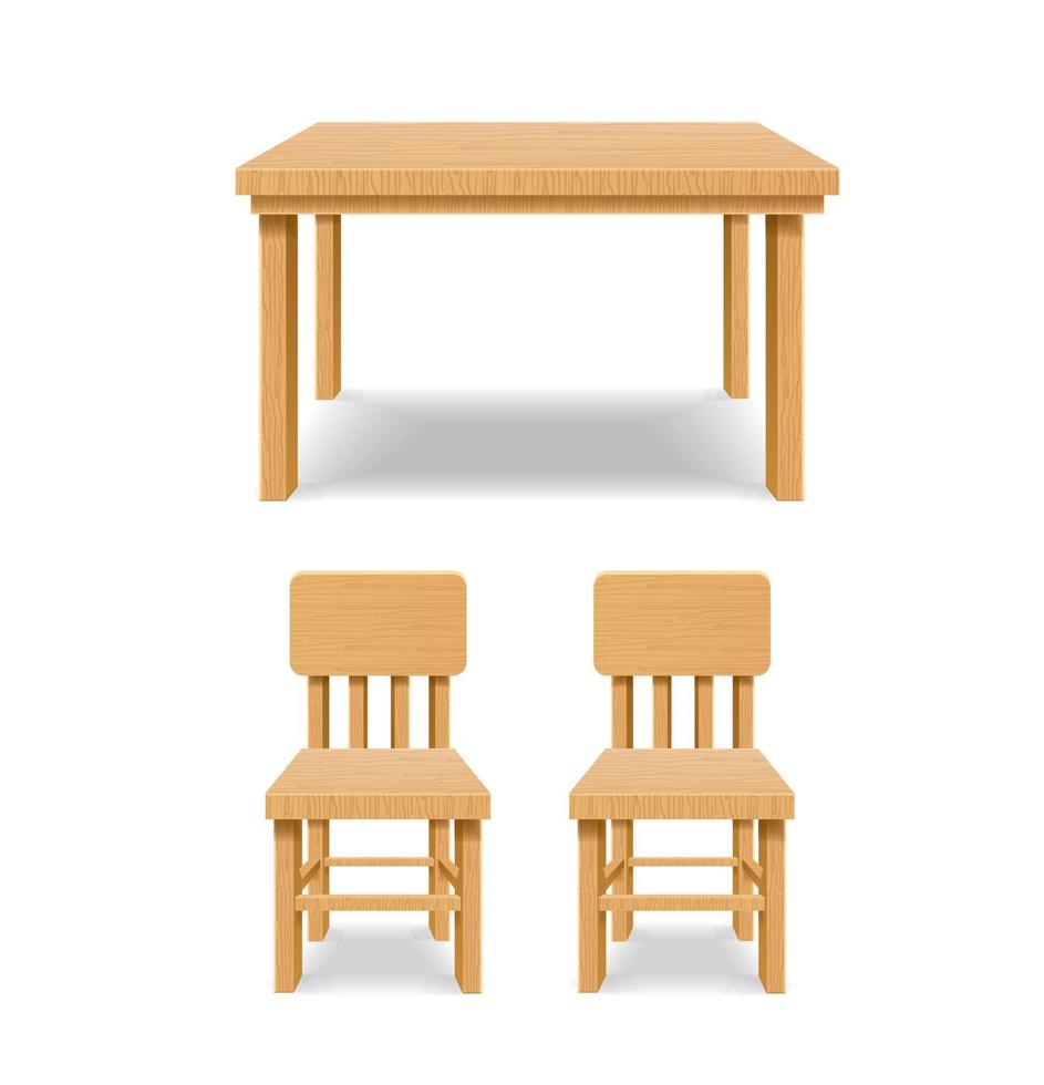 conjunto realista de mesa de madeira 3d detalhada e cadeiras. vetor