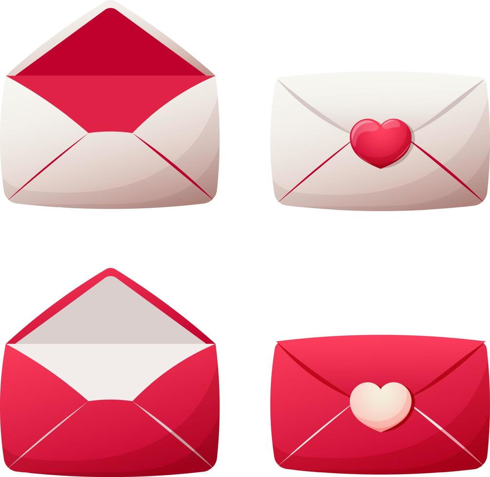 conjunto de cartas de amor de desenho animado abertas e fechadas em branco e vermelho vetor