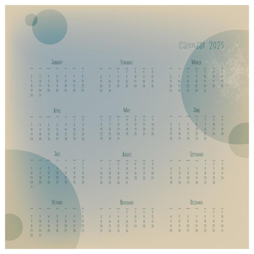 calendário 2023 por meses, papel grunge antigo estilo vintage com planetas. vetor