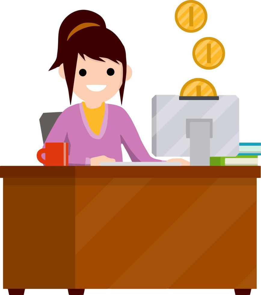 mulher sente-se à mesa com o computador. renda e salário online. moedas de ouro. ilustração plana dos desenhos animados. Trabalho freelance e programador. garota feliz vetor