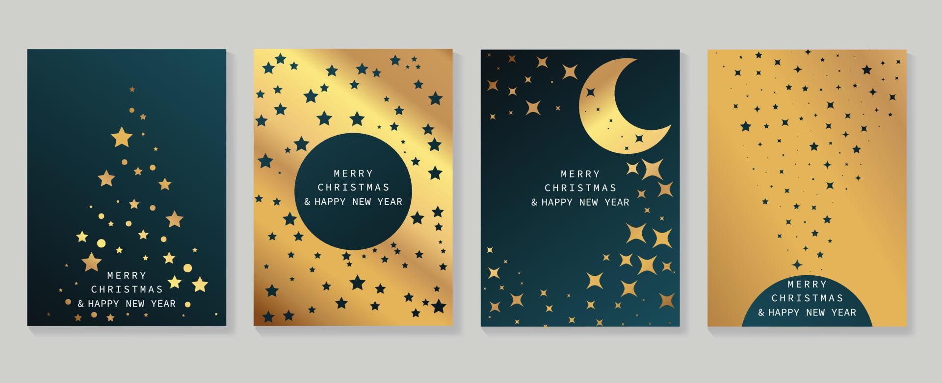 Natal de luxo e conjunto de vetores de modelo de capa de feriado de feliz ano novo. estrela dourada gradiente decorativa, brilho e lua crescente. ilustração de design para cartão corporativo, saudação, papel de parede, pôster.