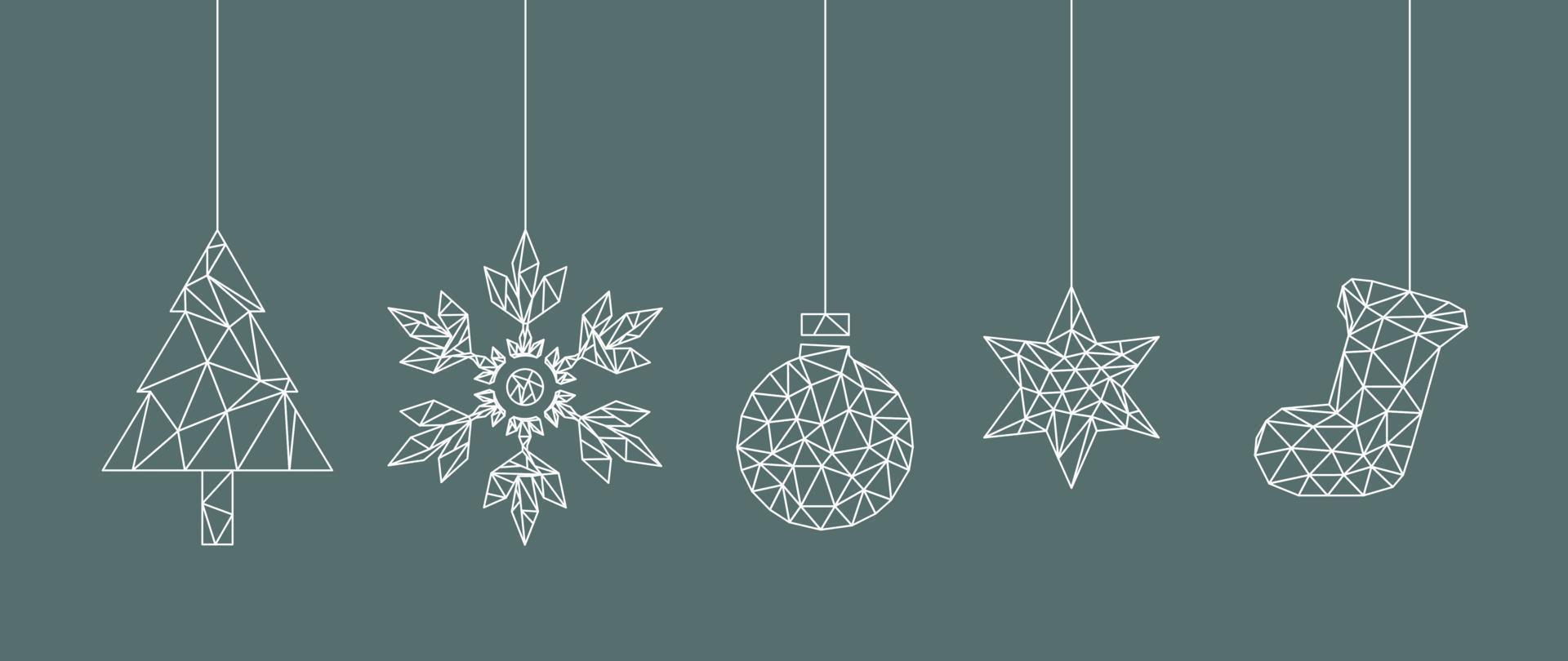 vetor de fundo do conceito de natal e feliz ano novo. elementos de natal branco arte de linha geométrica pendurado floco de neve, bola, estrela, meia, padrão sem emenda. design para papel de parede, cartão, capa, pôster.