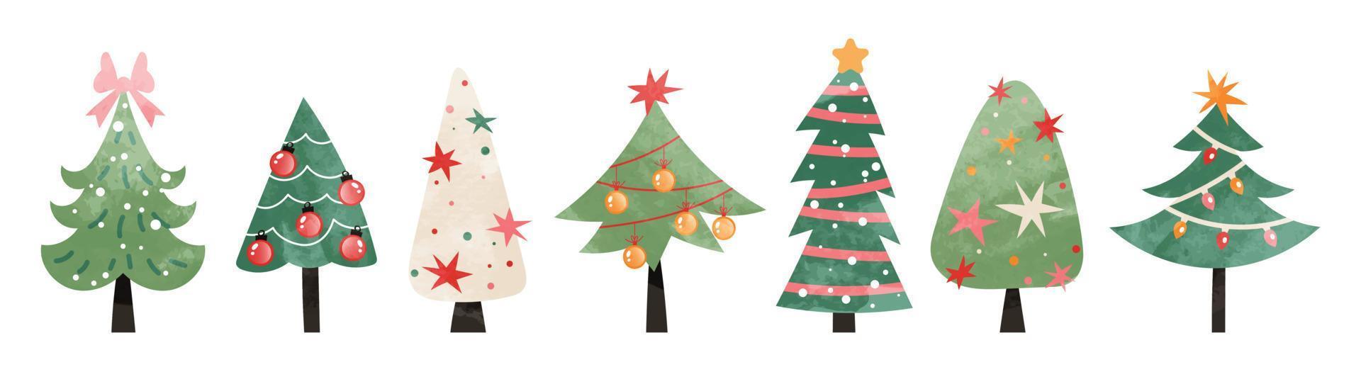 conjunto de ilustração vetorial de árvore de natal em aquarela. coleção de árvores decorativas de natal decorativas desenhadas à mão isoladas no fundo branco. design para adesivo, decoração, cartão, pôster, arte. vetor