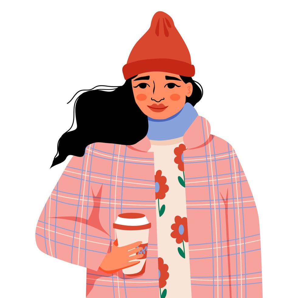 mulher com caneca de café. menina em pano quente. ilustração vetorial vetor