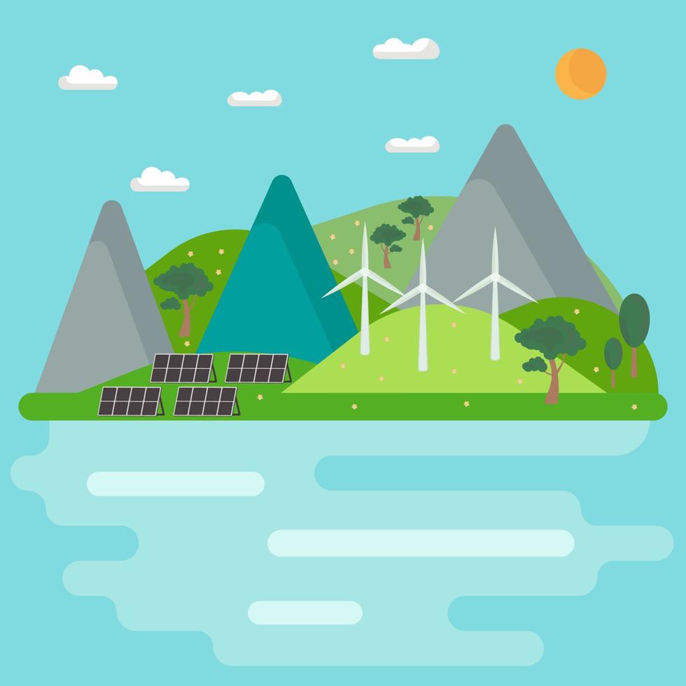 ícone, adesivo, pôster sobre o tema da economia e energia renovável com paisagem de montanhas e turbina eólica, painéis solares e árvores. vetor
