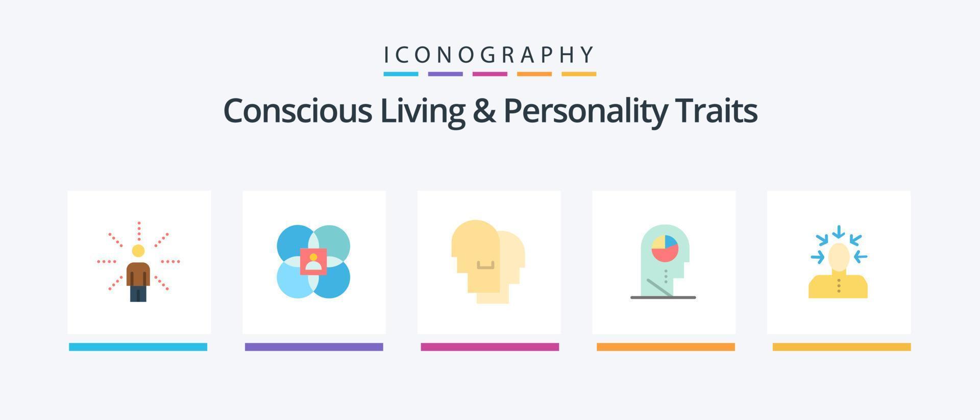 vida consciente e traços de personalidade flat 5 icon pack incluindo chapéu. perfil. modelo. humano. empatia. design de ícones criativos vetor