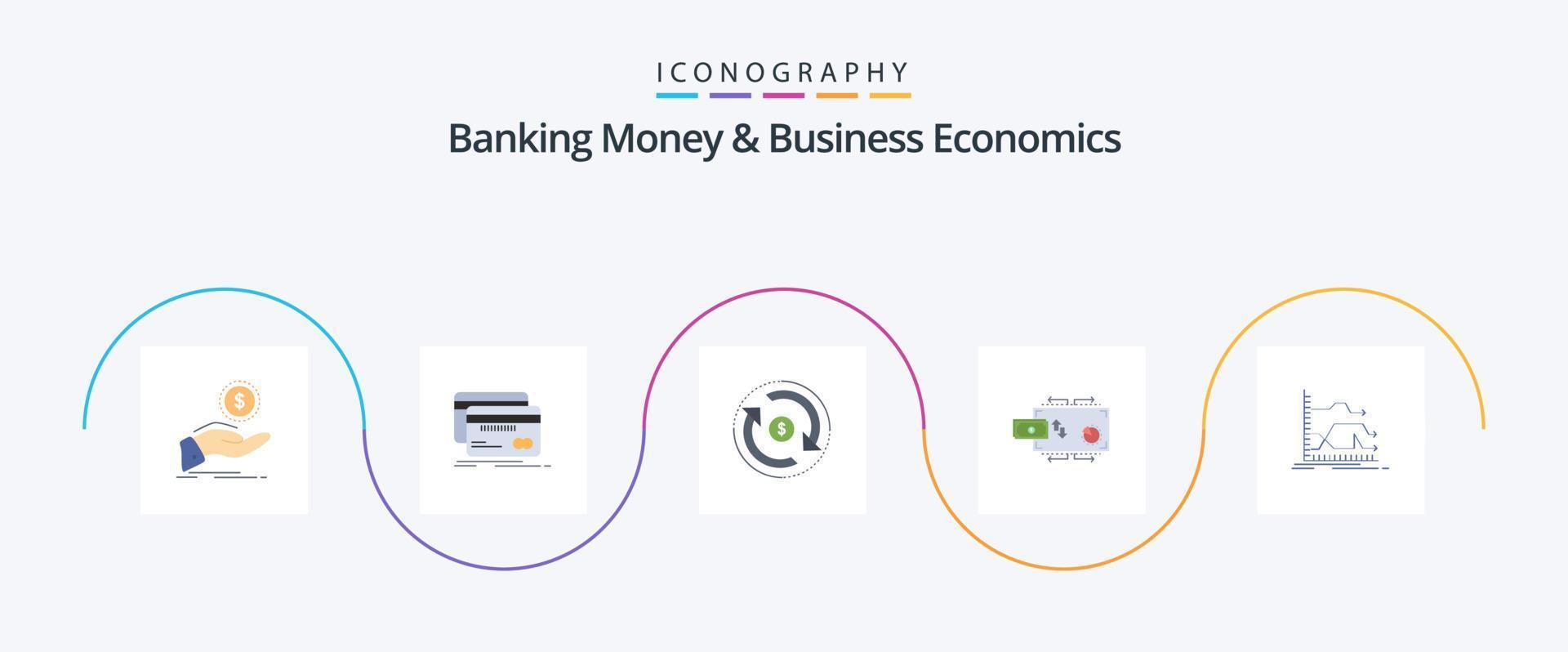 dinheiro bancário e economia de negócios flat 5 icon pack incluindo marketing. finança. débito. dinheiro. fluxo vetor