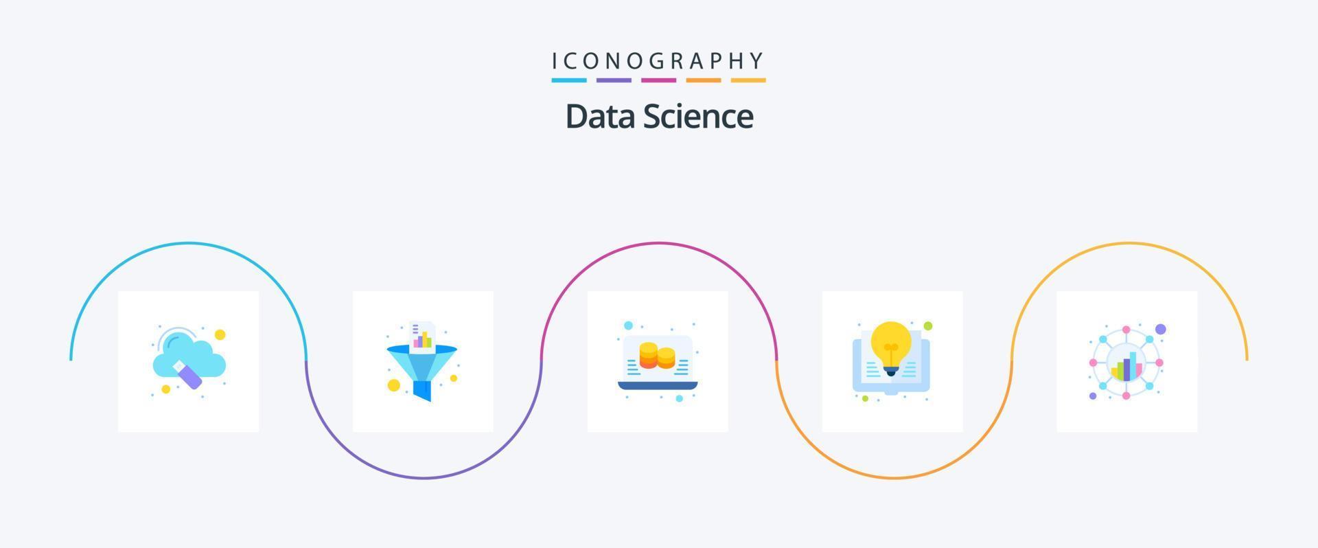 data science flat 5 icon pack incluindo análise. livro de ideias. funil. idéia. Ciência vetor