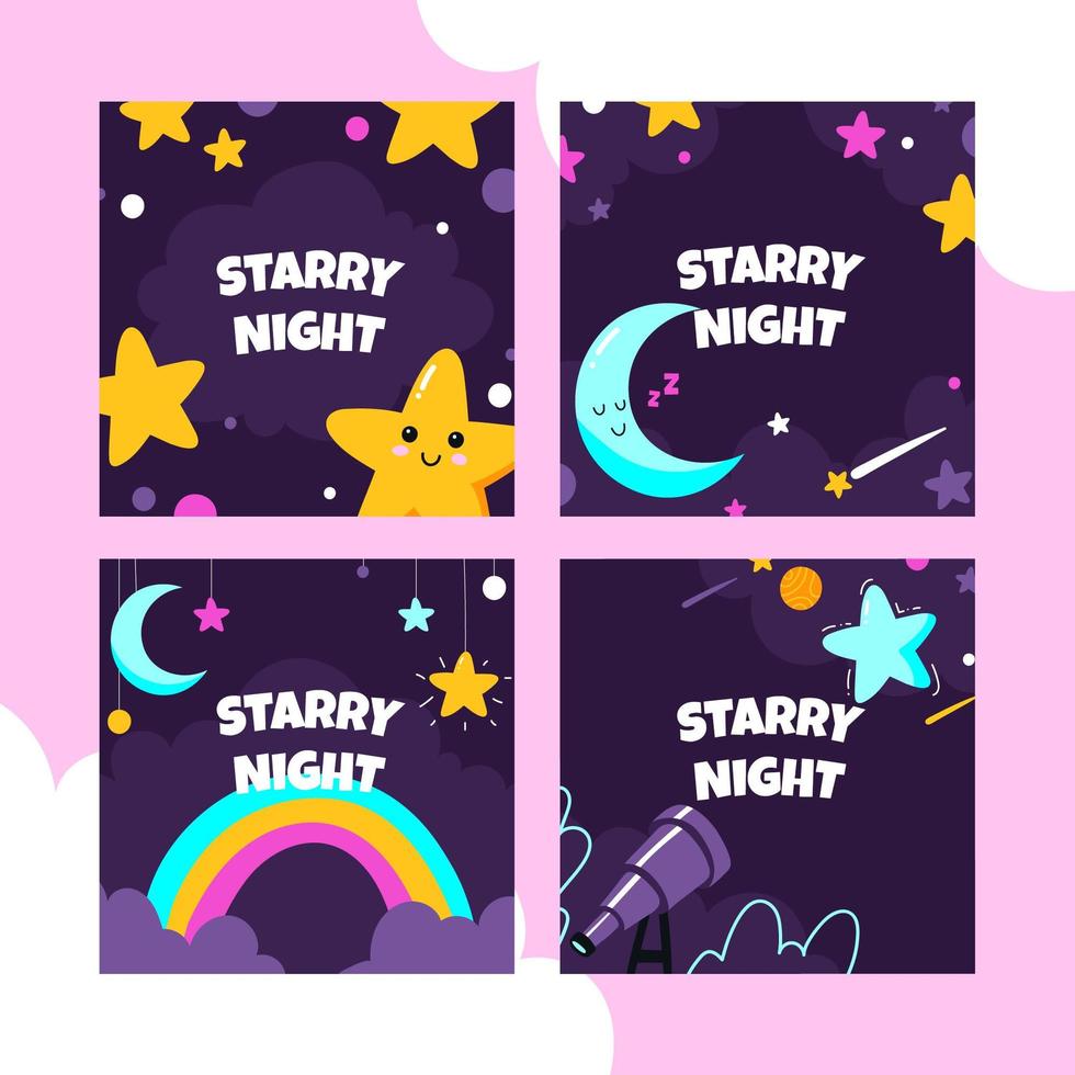 conjunto de cartas noite estrelada vetor