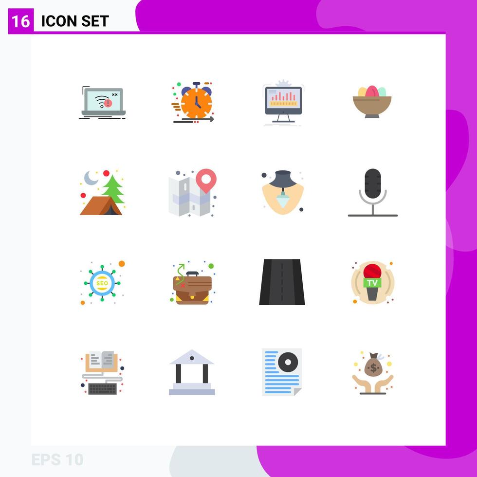conjunto de pictogramas de 16 cores planas simples de pacote editável de monitor de processamento de desenvolvimento de tigela de páscoa de elementos de design de vetores criativos