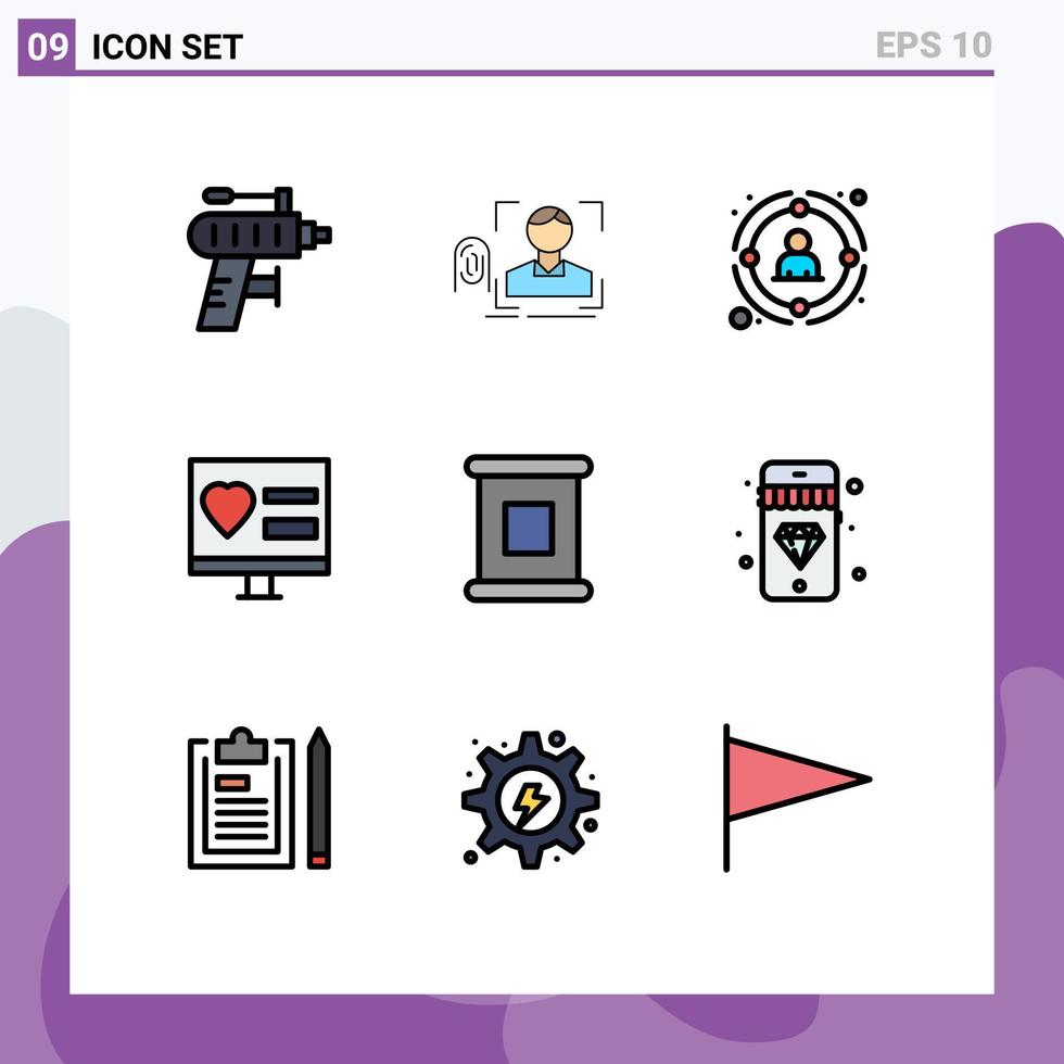 pacote de cores planas com linha preenchida de 9 símbolos universais do aplicativo de digitalização do coração da web, pessoas, elementos de design vetorial editáveis vetor