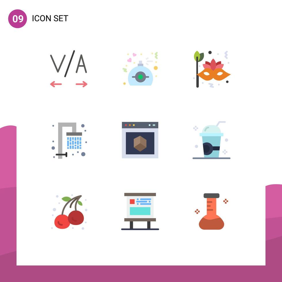 conjunto de 9 pacotes de cores planas comerciais para aplicativos de carnaval de navegador de internet elementos de design de vetores editáveis de água