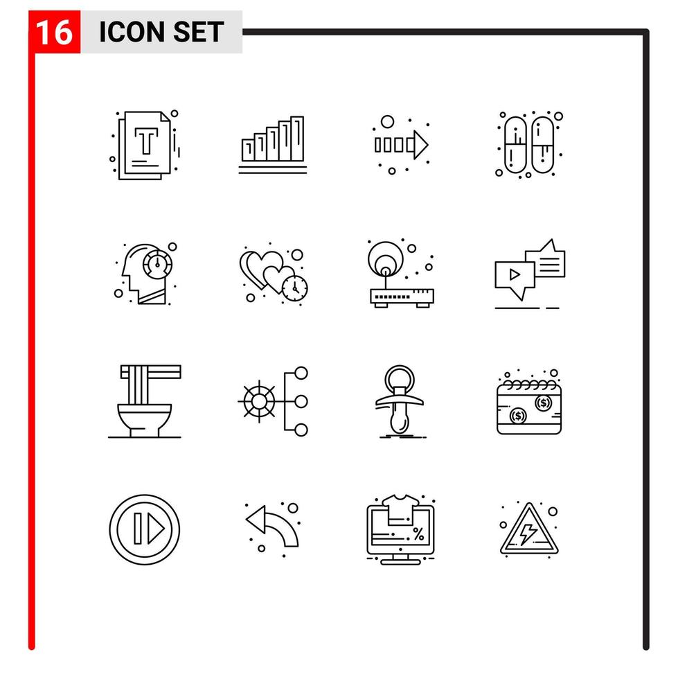 conjunto de pictogramas de 16 contornos simples de elementos de design de vetores editáveis de seta de cabeça de mente