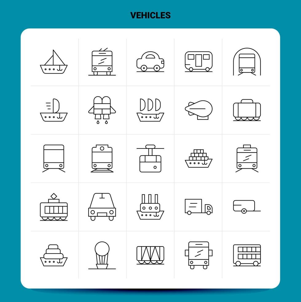 delinear o conjunto de ícones de 25 veículos vetor design de estilo de linha ícones pretos conjunto de pictograma linear pacote de ideias de negócios móveis e web design ilustração vetorial