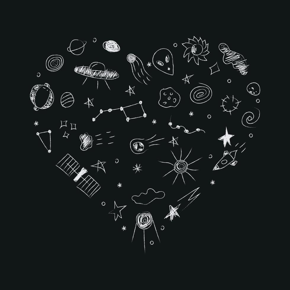doodle ilustração de cosmos em forma de coração definida em estilo infantil, design clipart. elementos de espaço abstrato desenhados à mão. Preto e branco. vetor