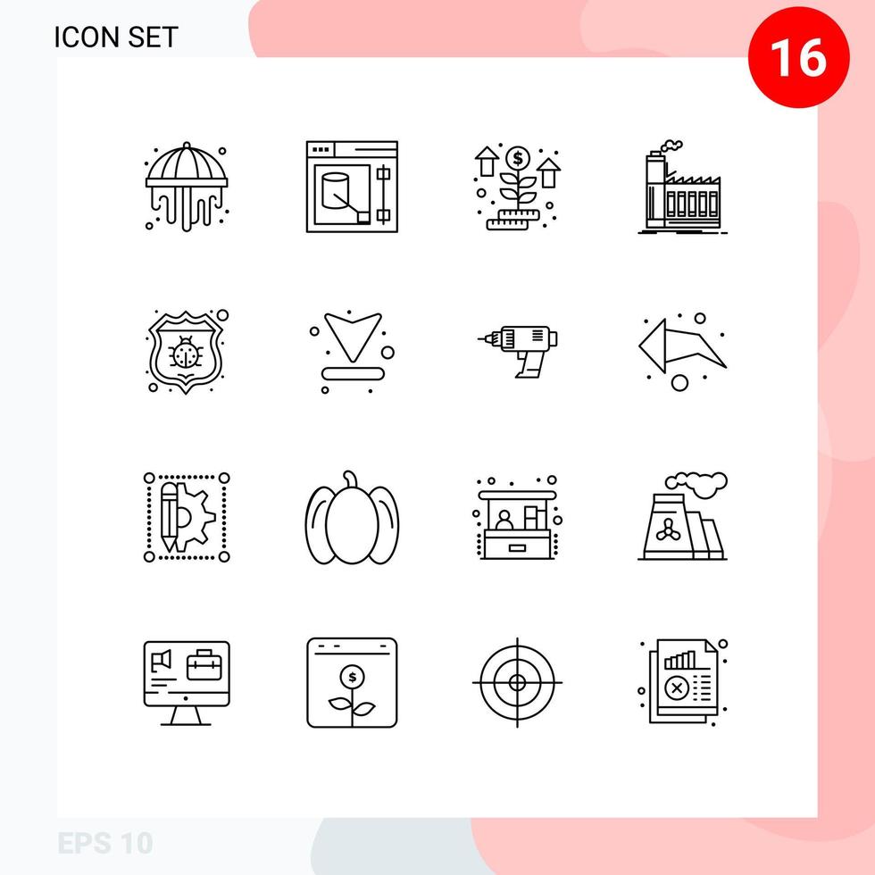 pacote de 16 sinais e símbolos de contornos modernos para mídia impressa na web, como produção de bugs, fabricação de dinheiro, elementos de design de vetor editável industrial