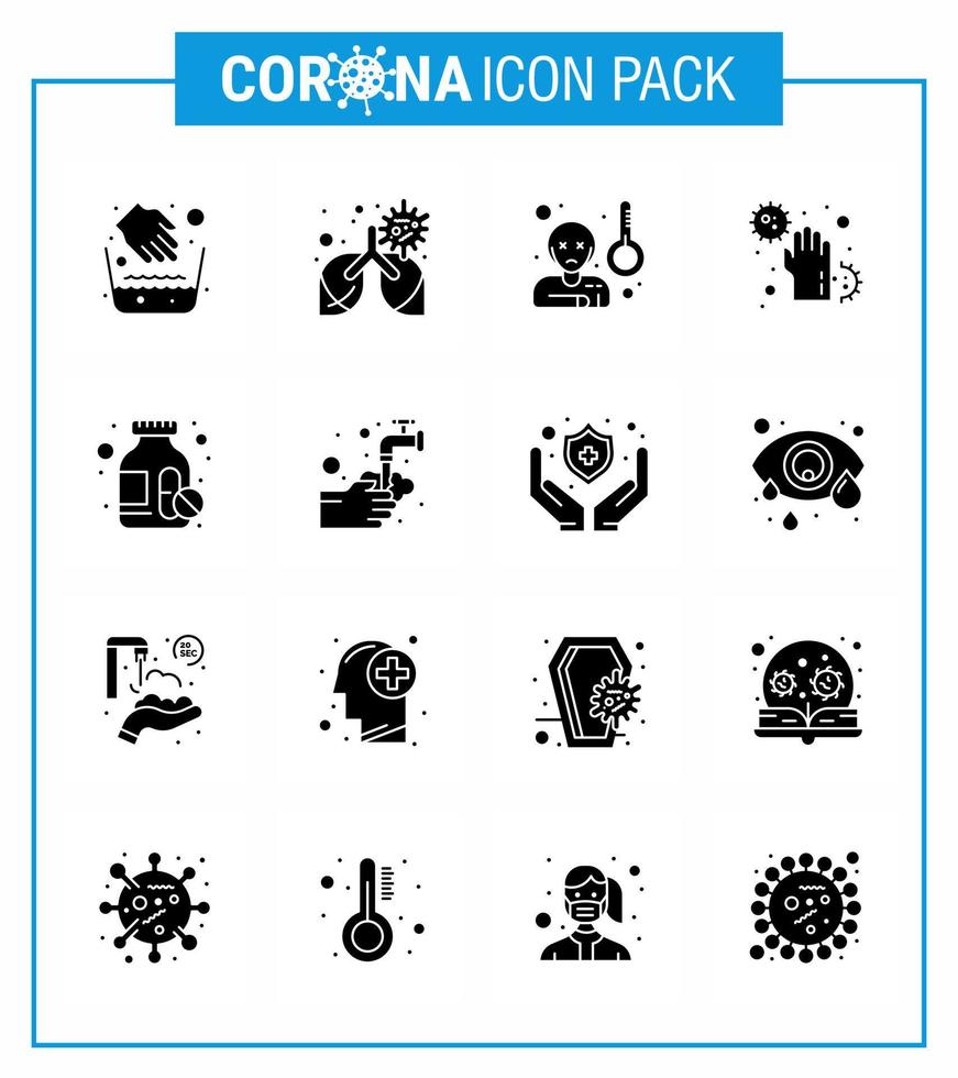 ícone de dicas de precaução de coronavírus para apresentação de diretrizes de saúde 16 pacote de ícones pretos de glifo sólido, como drogas, doença de febre, doença de coronavírus viral 2019nov, projeto de vetor de doença elem