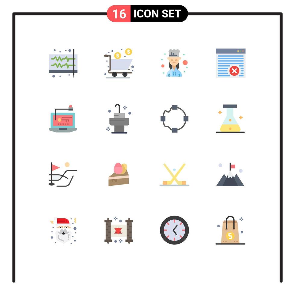conjunto moderno de 16 cores planas e símbolos, como página da web, navegador de produtos na Internet, chef feminino, pacote editável de elementos de design de vetores criativos