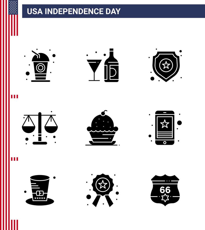 9 ícones criativos dos eua, sinais modernos de independência e símbolos de 4 de julho da lei do bolo, vidro, sinal de justiça, elementos editáveis de design vetorial do dia dos eua vetor