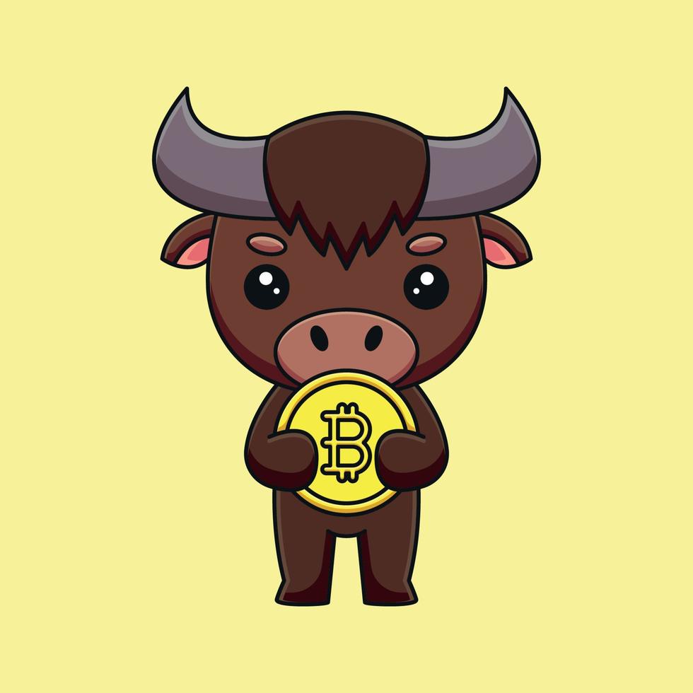 búfalo bonito segurando bitcoin mascote dos desenhos animados doodle arte mão desenhada contorno conceito vetor ilustração ícone kawaii