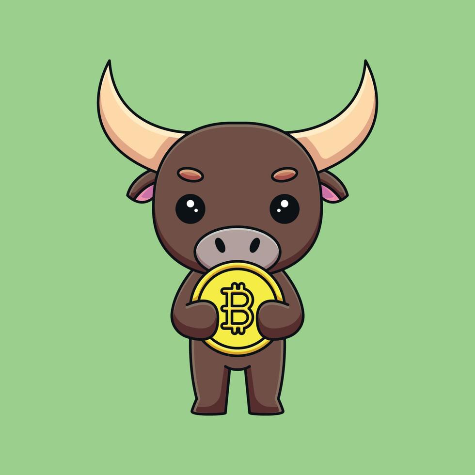 touro bonito segurando bitcoin cartoon mascote doodle arte mão desenhada contorno conceito vetor ilustração ícone kawaii